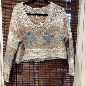 Free People Tan and Blue Knit Sweater
